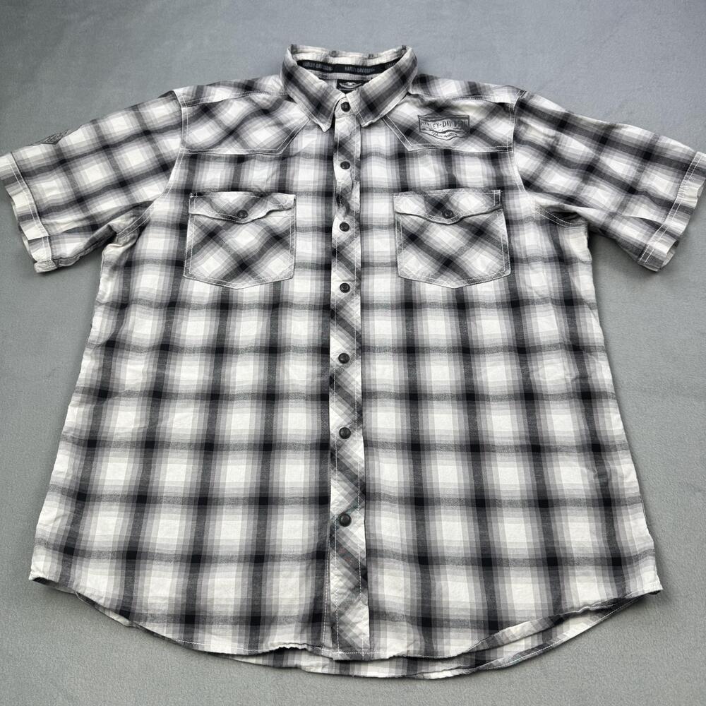Harley-Davidson Shirt Mens XL Gray White Black Plaid Snap Front Pacesetter